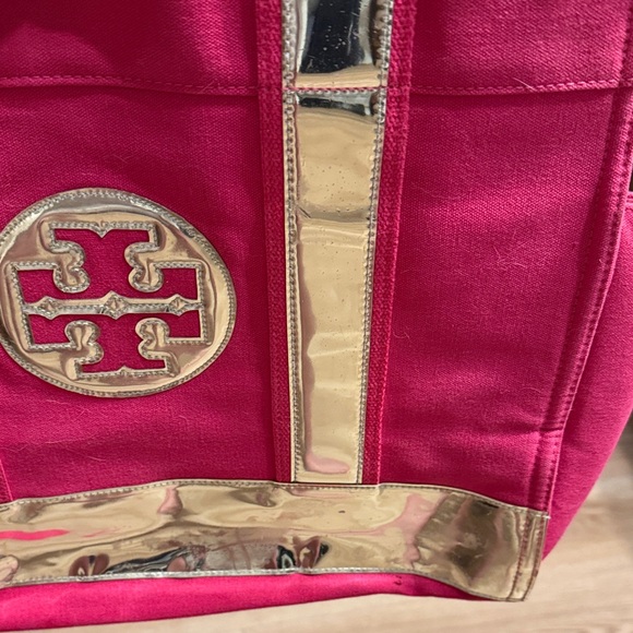 Rare Pink Canvas Tory Burch Tote Bag with Gold Accents - Picture 4 of 16